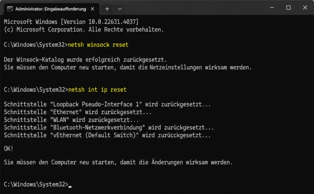Windows 11 langsames Internet CMD als Administrator – netsh winsock reset und netsh int ip reset Befehle ausführen für KB5089549 Netzwerkproblem