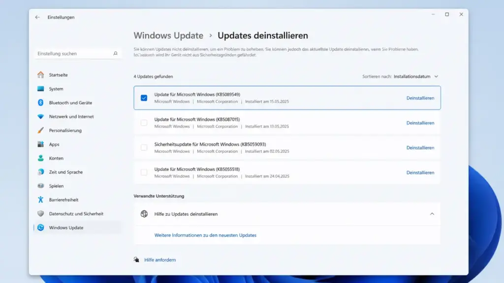 Windows 11 Einstellungen – Updates deinstallieren, KB5089549 in der Liste markiert