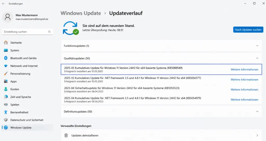 Windows 11 Updateverlauf – KB5089549 in der Liste der installierten Updates identifizieren mit Build Nummer 26100.8457