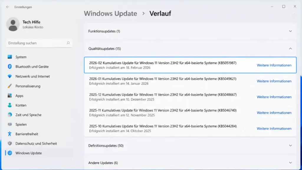 Windows Update Verlauf letztes erfolgreiches Update aus Februar 2026 sichtbar