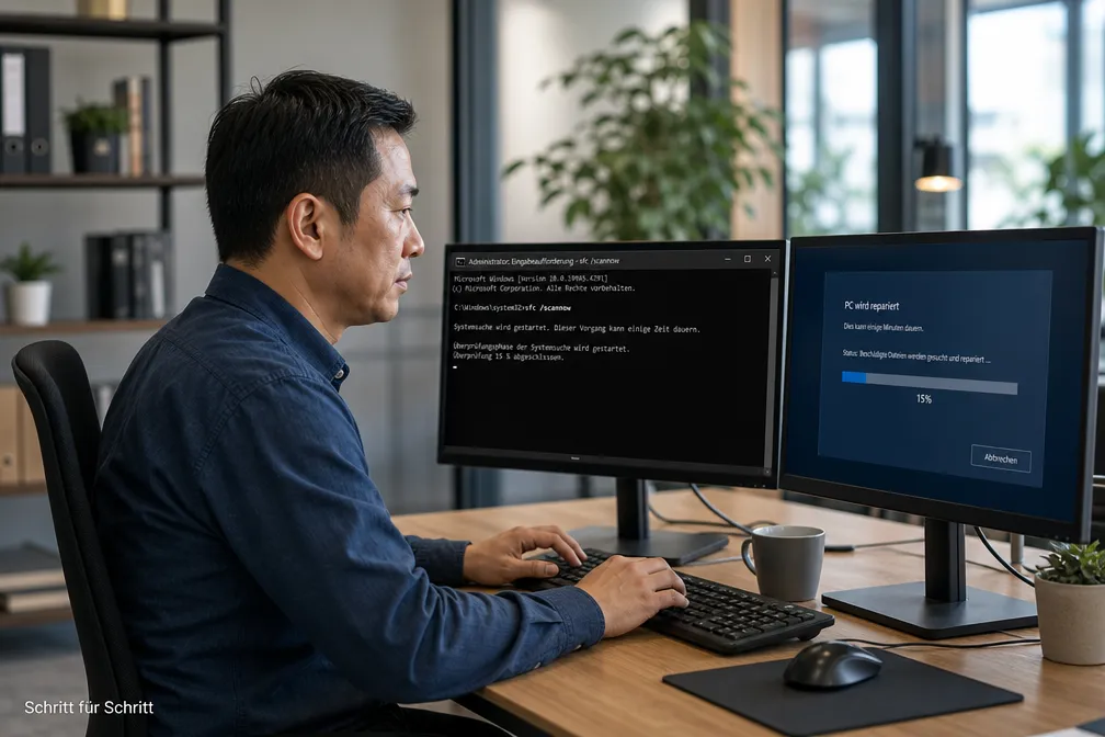 IT-Techniker führt Windows Reparatur Schritt für Schritt durch