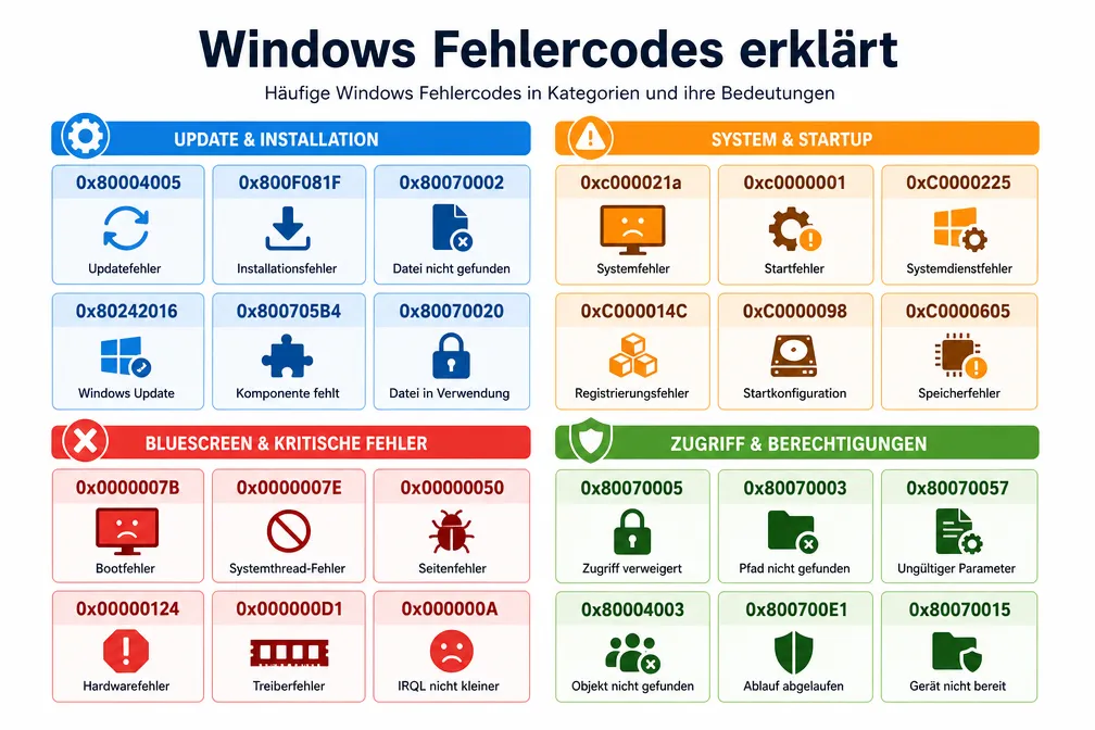 Übersicht häufiger Windows Fehlercodes als kategorisiertes Kachel-Diagramm