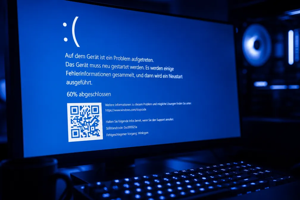 Windows 11 Bluescreen mit Fehlercode 0xc000021a auf Monitor