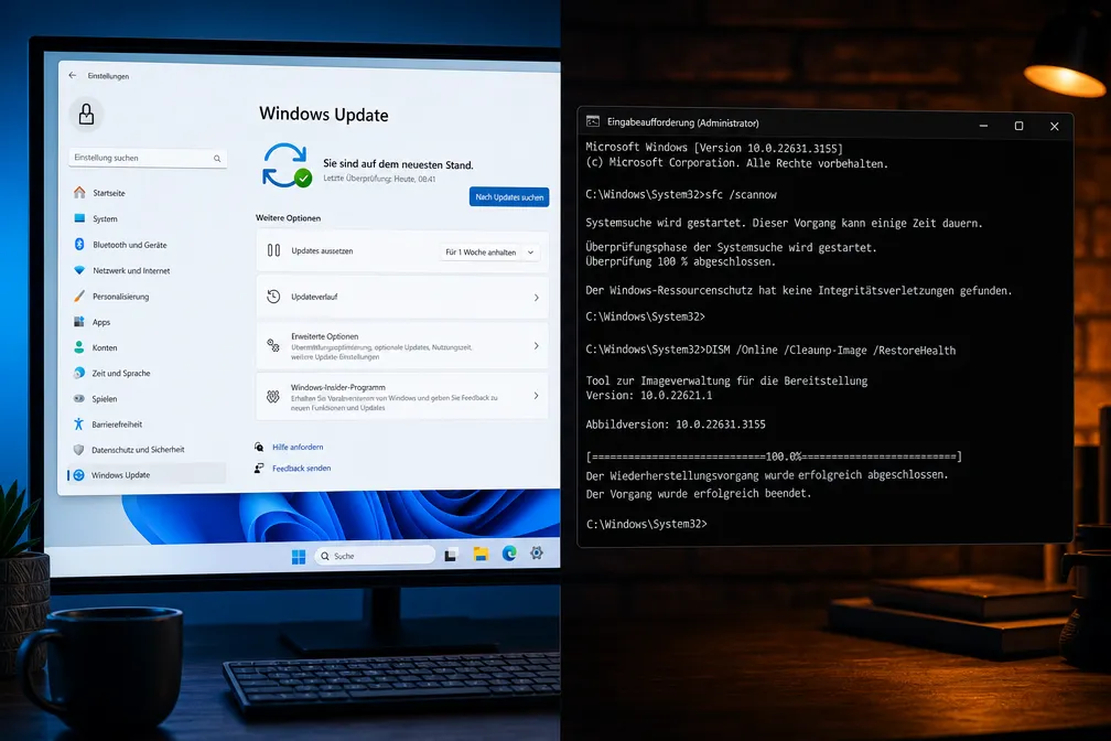 Windows Update Einstellungen und CMD-Terminal mit SFC-Befehl zur Fehlerbehebung