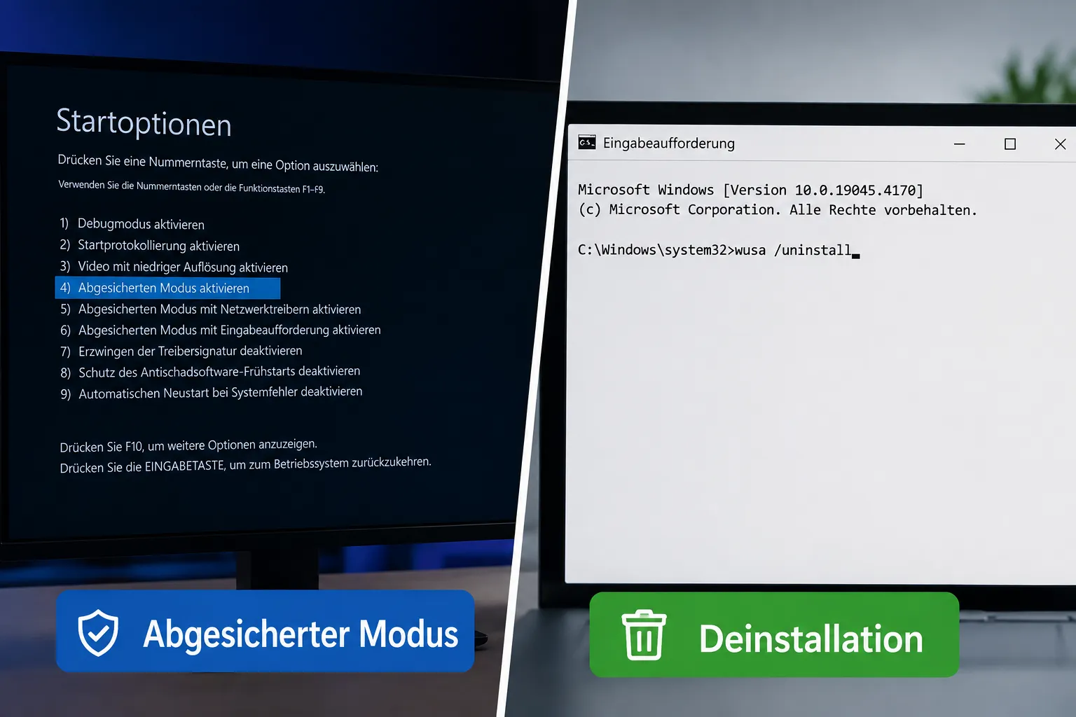 Abgesicherter Modus und Befehlszeile zur Deinstallation von KB5077181 unter Windows 11