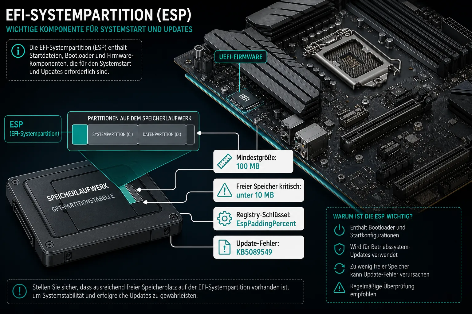 Annotiertes Diagramm der EFI System Partition mit Registry-Schlüssel EspPaddingPercent