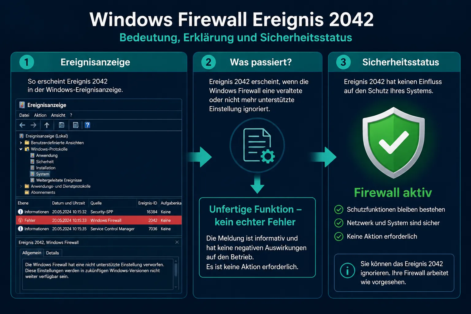 Annotiertes Infografik-Diagramm zu Windows Firewall Ereignis 2042 mit drei Panels