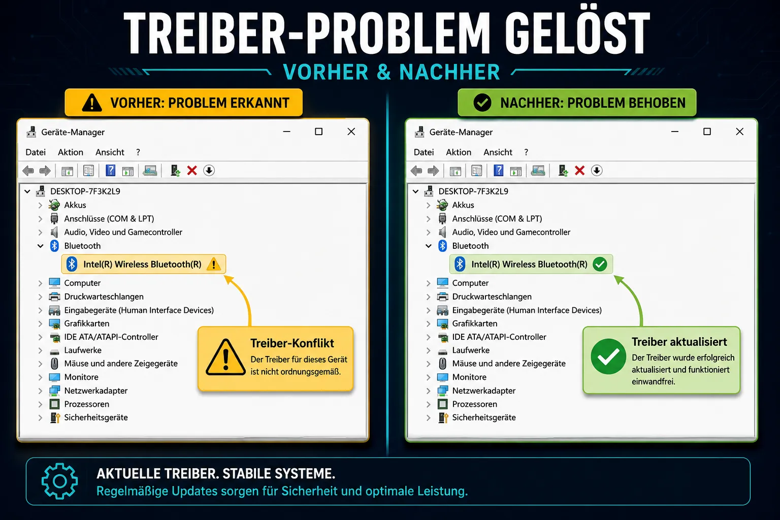 Geräte-Manager zeigt Bluetooth-Treiber-Konflikt und erfolgreiche Treiberaktualisierung im Vergleich