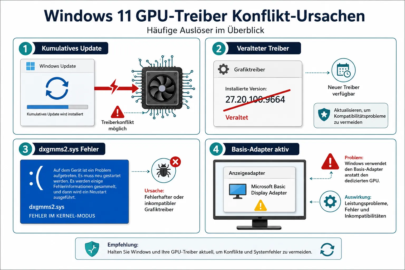 Infografik: Ursachen für Windows 11 Grafik-Ausfall nach Update, vier Konfliktszenarien