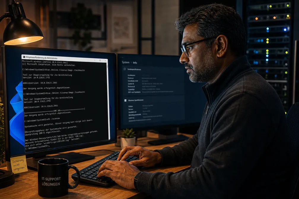 IT-Techniker führt DISM-Reparaturbefehle in Windows 11 Eingabeaufforderung aus