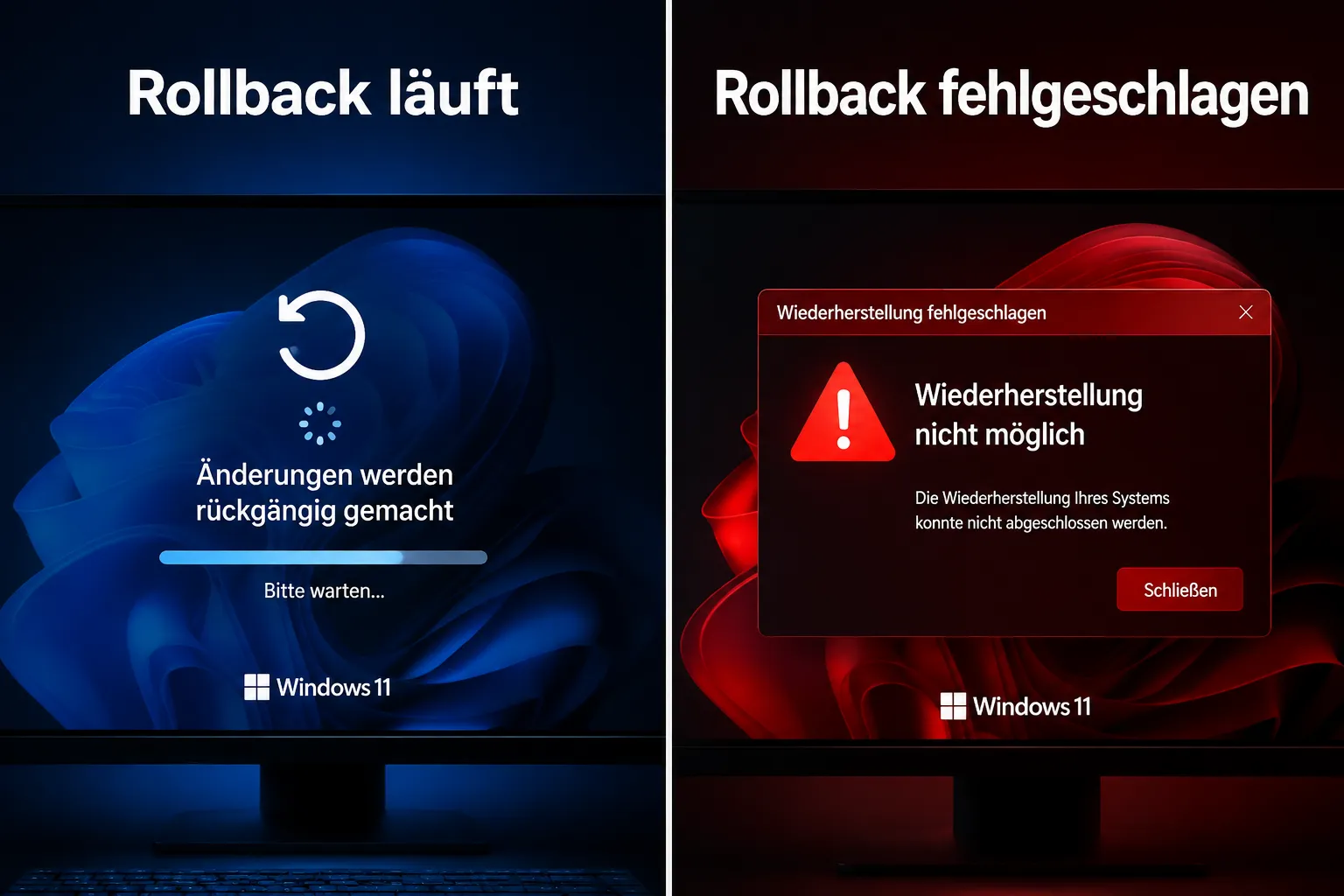 Rollback-Vergleich: laufender Rollback vs. fehlgeschlagener Rollback unter Windows 11