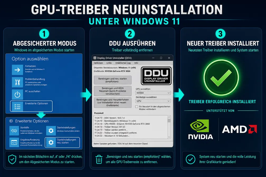 Schritt-für-Schritt-Ablauf: DDU im abgesicherten Modus, GPU-Treiber neu installieren