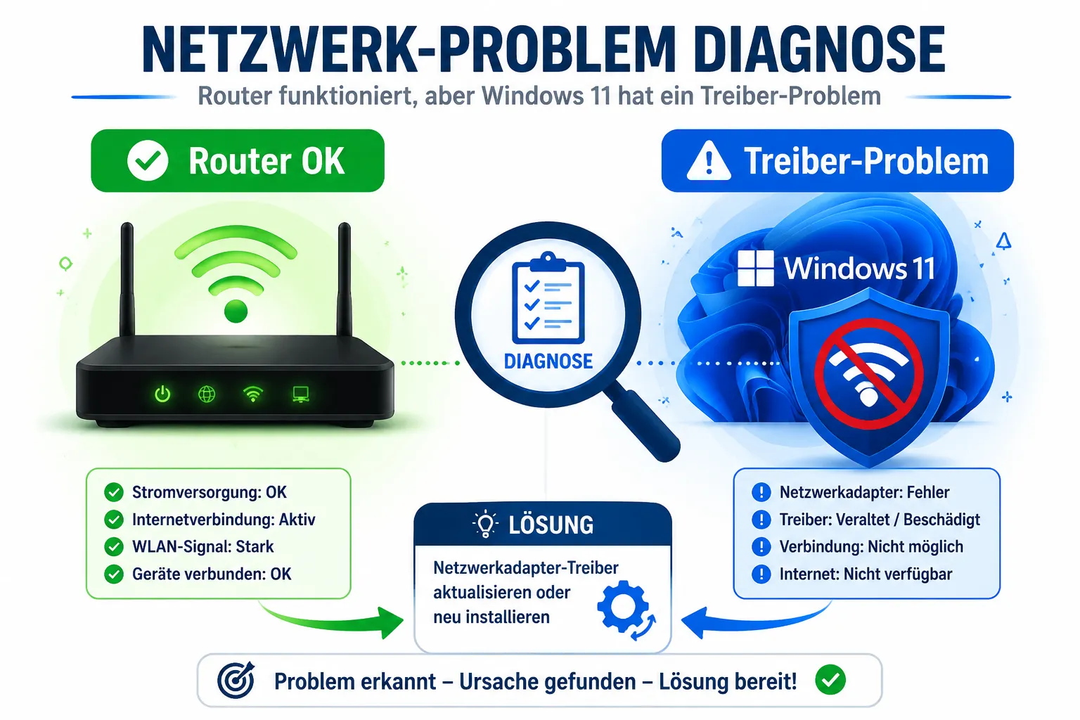 Symbolische Darstellung Router-Status versus Windows-11-Treiber-Diagnose