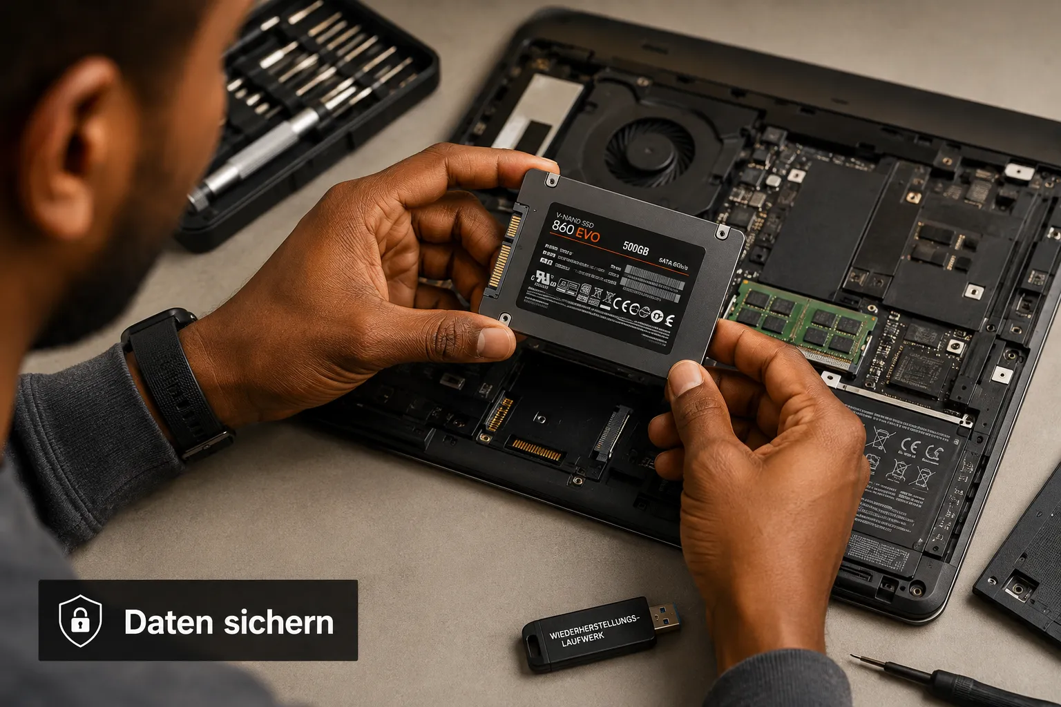 Techniker tauscht SSD aus und sichert Daten vor UNMOUNTABLE_BOOT_VOLUME Reparatur