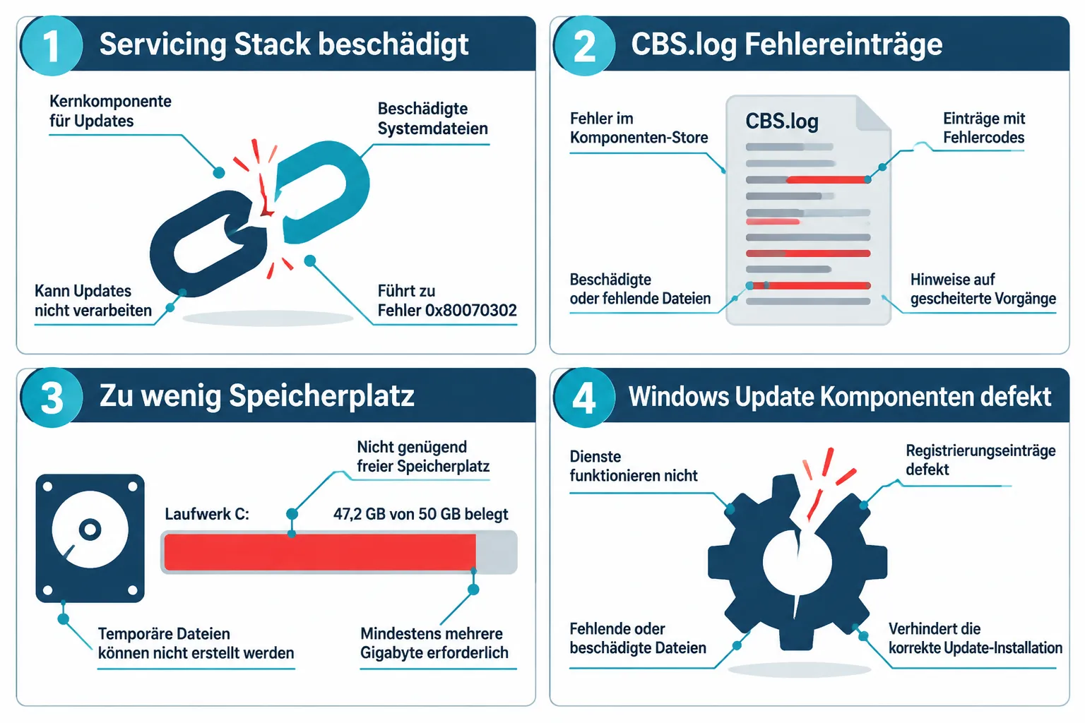 Technische Ursachen des Windows 11 Update-Fehlers 0x80070302 als Infografik