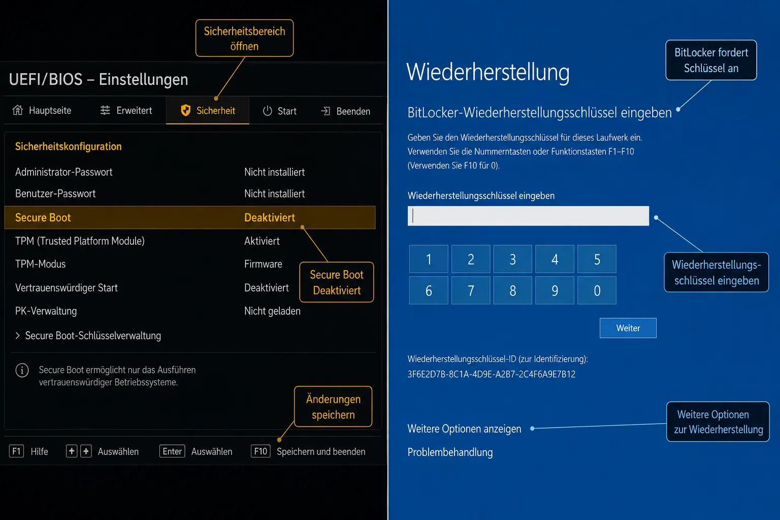 UEFI Secure Boot deaktivieren und BitLocker-Wiederherstellungsschlüssel eingeben