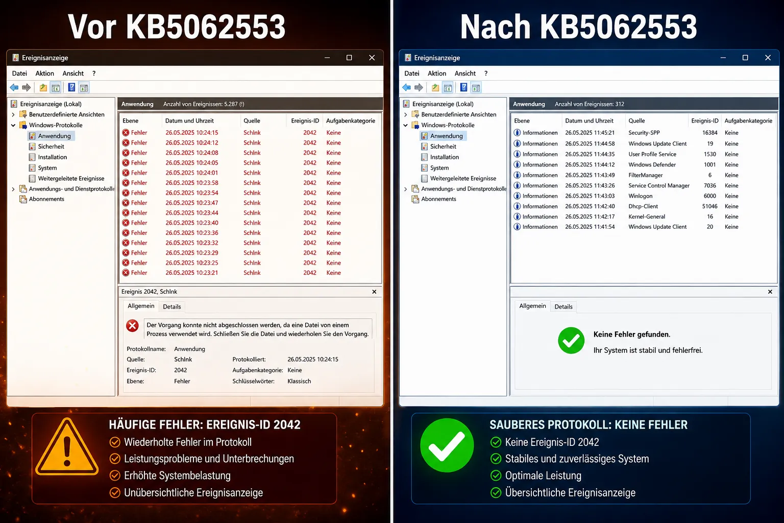 Vergleich der Windows Ereignisanzeige vor und nach Installation von KB5062553