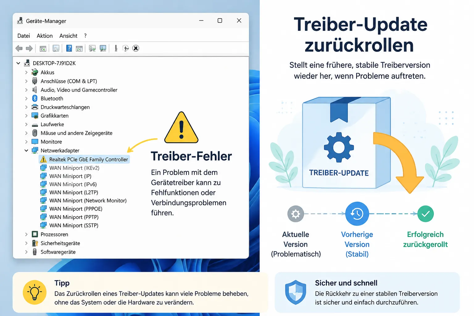 Windows 11 Device Manager zeigt Treiber-Fehler nach Update mit Rollback-Option