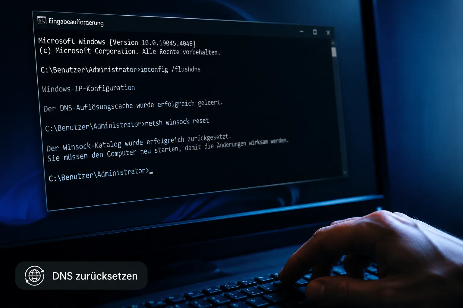 Windows 11 Eingabeaufforderung mit netsh winsock reset und DNS-Flush-Befehlen