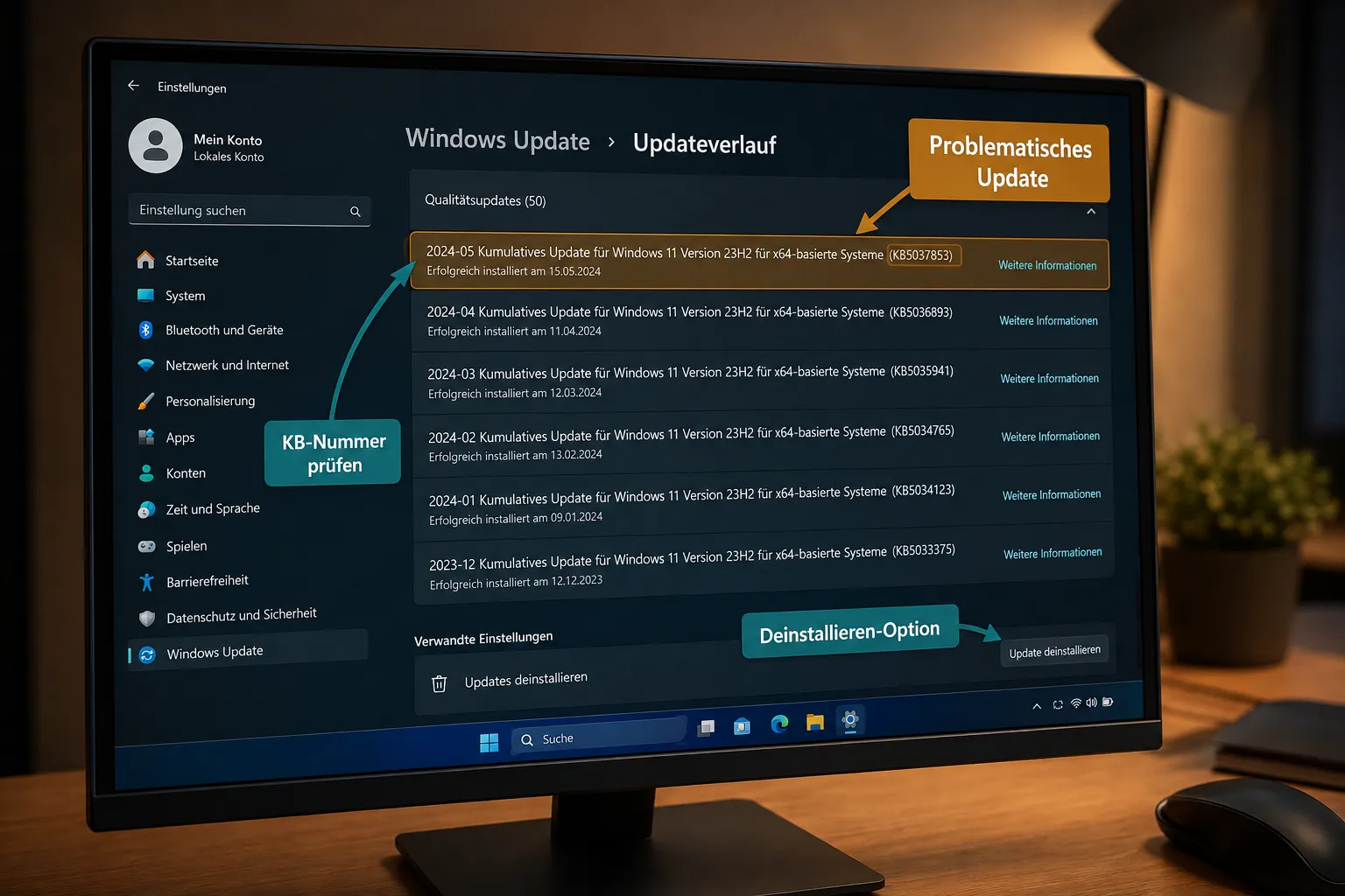 Windows 11 Update-Verlauf mit problematischem Update und Deinstallieren-Option hervorgehoben