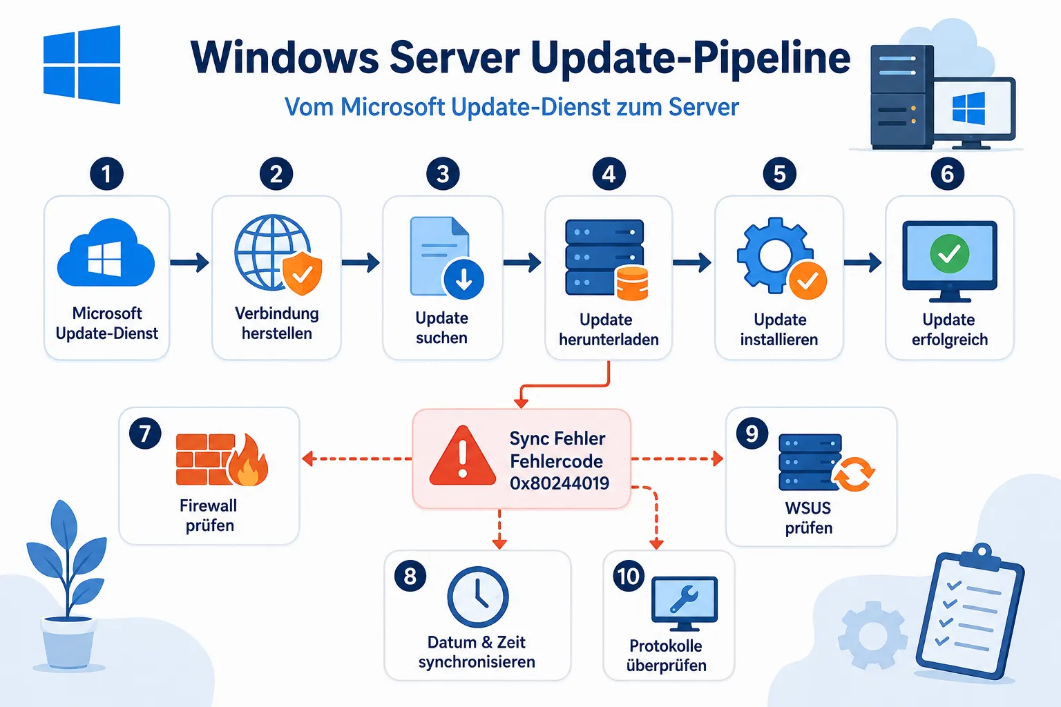 WSUS Fehlercodes Übersicht, Synchronisierungsfehler und Lösungsschritte als Diagramm